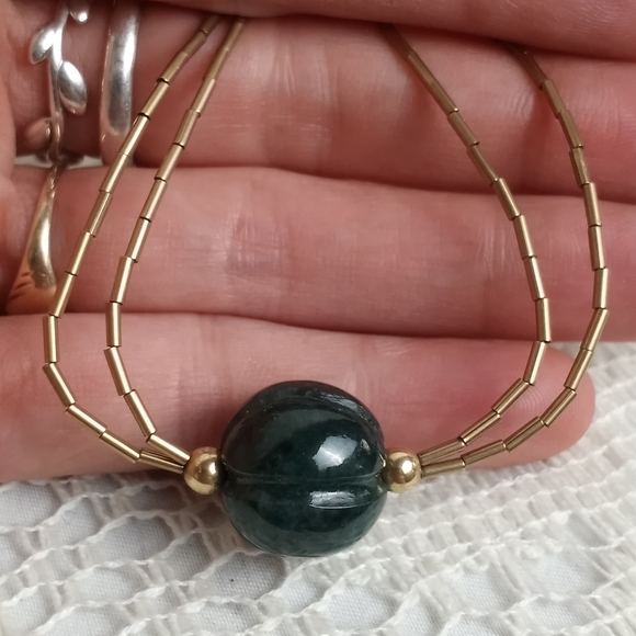 1930s Spinach Green Nephrite Jade Carved Melon Pendant Choker 14k 925 Vintage - Picture 3 of 9